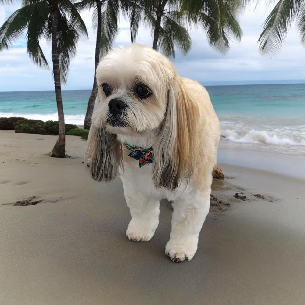 A white dog in front of a beach scene